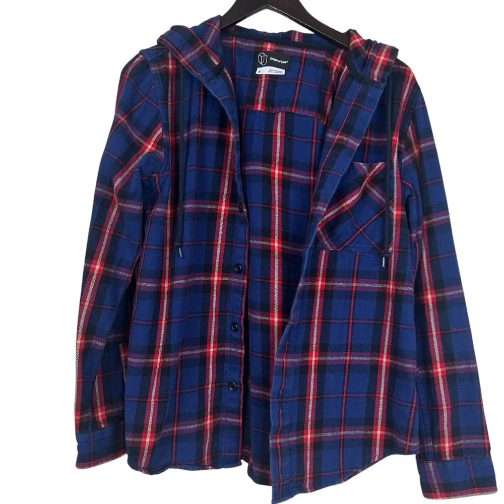 4/$25 Original Use Blue and red Plaid Shirt hood
